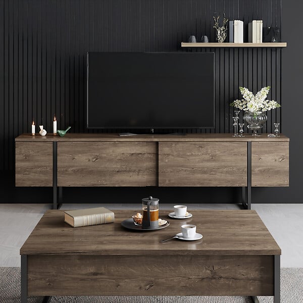 CONCEPT USINE - Meuble TV avec placards aspect bois de noyer et détails noirs 180cm FROPA - large