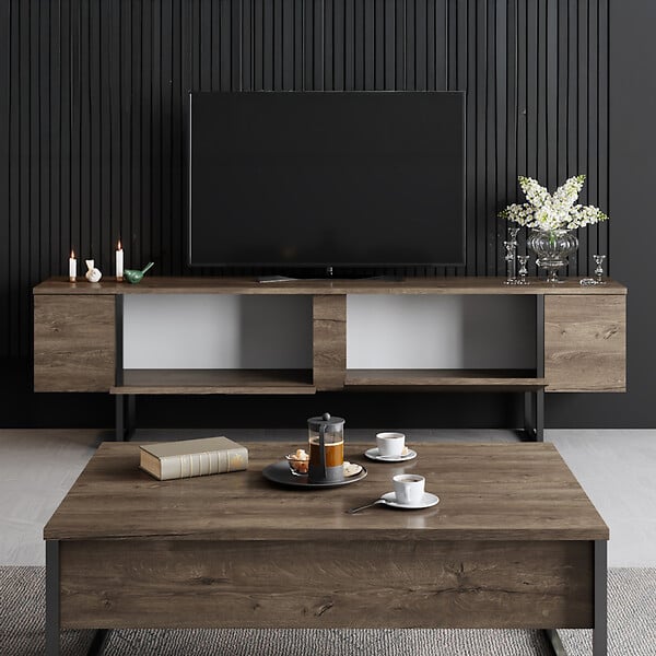 CONCEPT USINE - Meuble TV avec placards aspect bois de noyer et détails noirs 180cm FROPA - large