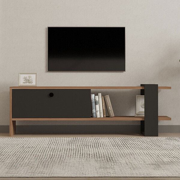 CONCEPT USINE - Meuble TV asymétrique gris anthracite avec placard aspect bois 120cm OVA - large