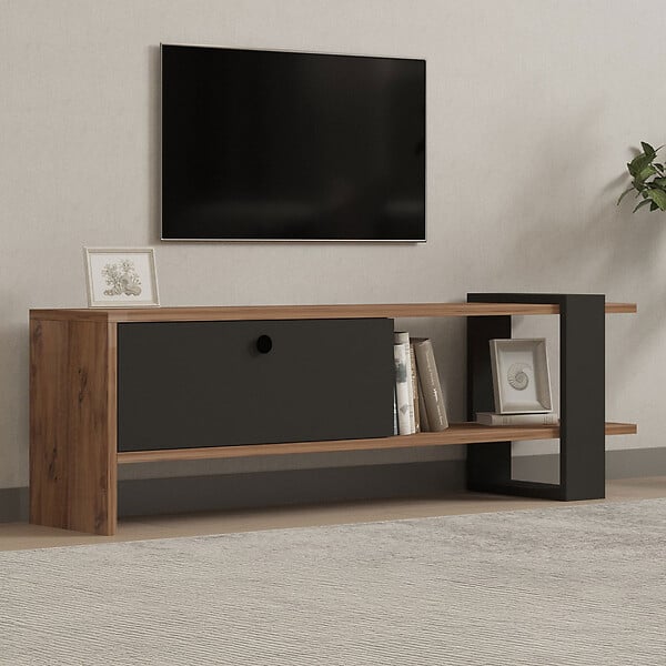 CONCEPT USINE - Meuble TV asymétrique gris anthracite avec placard aspect bois 120cm OVA - large