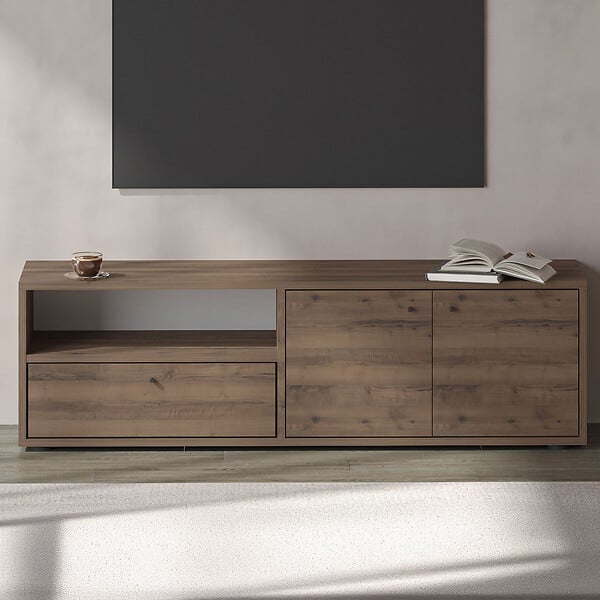 CONCEPT USINE - Meuble TV avec placards et niche aspect bois de noyer 136cm OAKI - large