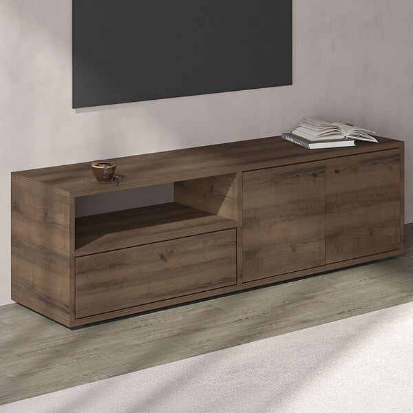 CONCEPT USINE - Meuble TV avec placards et niche aspect bois de noyer 136cm OAKI - large