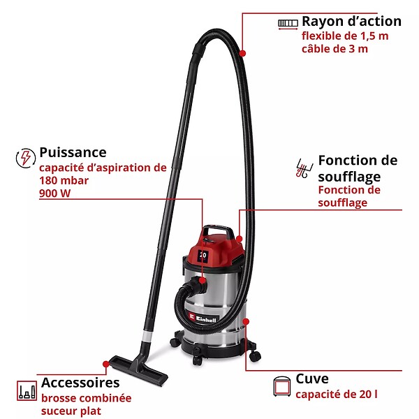 EINHELL - Aspirateur eau et poussières inox – TC-VC 2045 S – 900 W – Cuve 20 L – Fonction soufflage - large