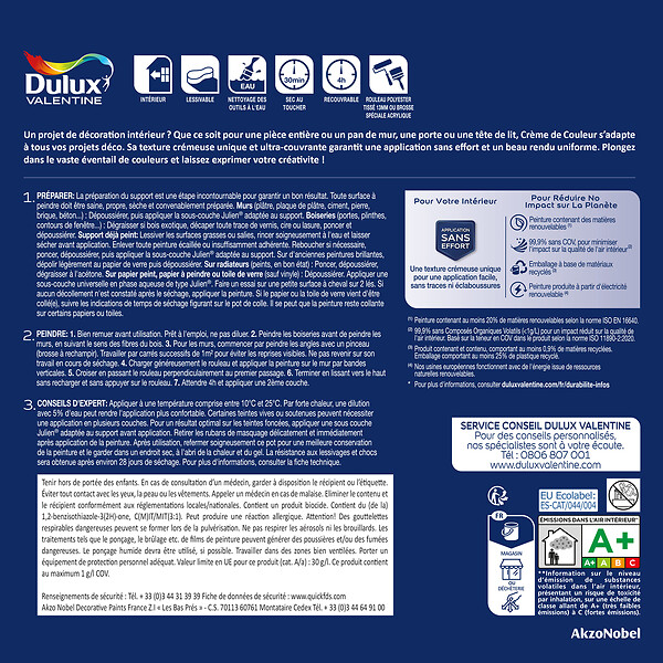 DULUX VALENTINE - Peinture multi-supports biosourcée - Crème de Couleur - Bleu Gris - 2,25 L - large