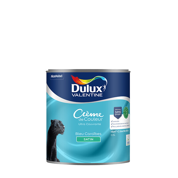 DULUX VALENTINE - Peinture Crème de Couleur Biosourcé - Bleu Caraïbes - Satin - 0,5 L - large