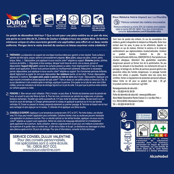 DULUX VALENTINE - Peinture biosourcée - Crème de Couleur - Grain de Sable - Velours - 1L - large