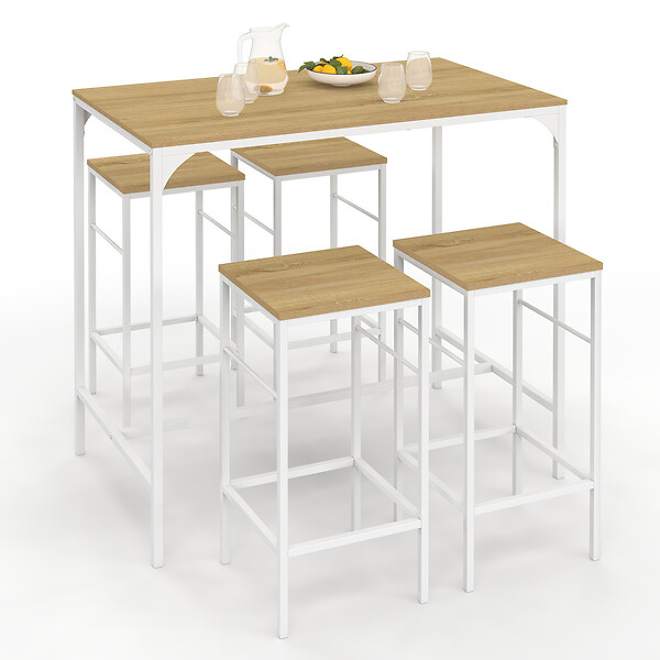 ID MARKET - Ensemble table haute de bar DETROIT 100 cm et 4 tabourets de bar bois et métal blanc design industriel - large