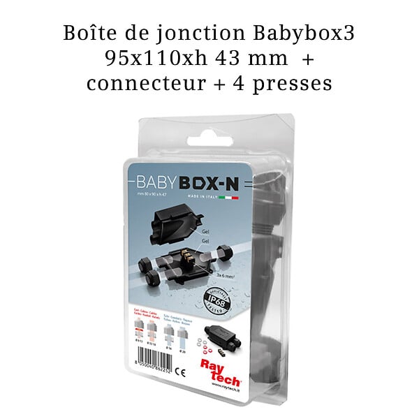 RAYTECH - Boîte de jonction Babybox3 95x110xh 43 mm  + connecteur + 4 presses étoupes - large