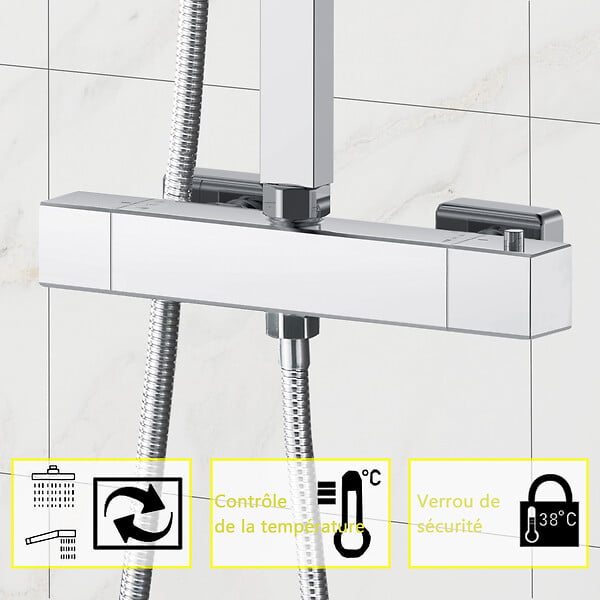 AICA SANITAIRE - AICA Colonne de douche thermostatique ，avec mitigeur thermostatique carré 1, pommeau de douche carré,réglable - large