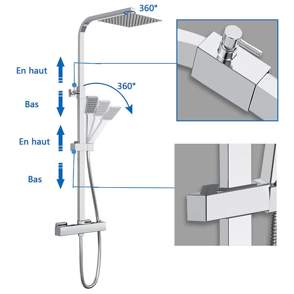 AICA SANITAIRE - AICA Colonne de douche thermostatique ，avec mitigeur thermostatique carré 1, pommeau de douche carré,réglable - large