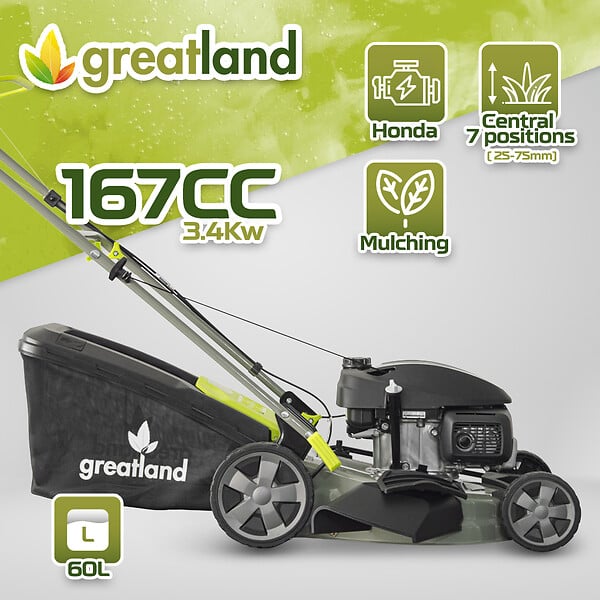 GREATLAND - Tondeuse thermique tractée 167CC avec moteur Honda, mulching et éjection latérale - large