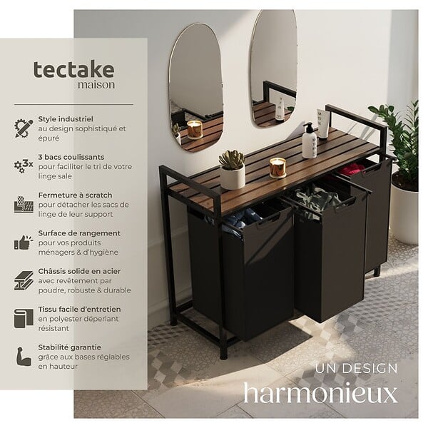 TECTAKE - Panier à linge avec étagère, style industriel noir/marron - large