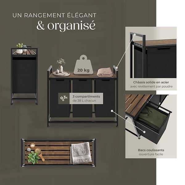 TECTAKE - Panier à linge avec étagère, style industriel noir/marron - large