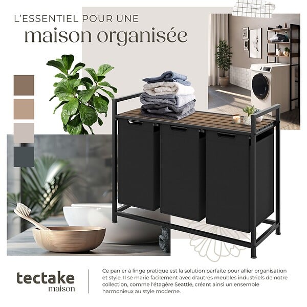 TECTAKE - Panier à linge avec étagère, style industriel noir/marron - large