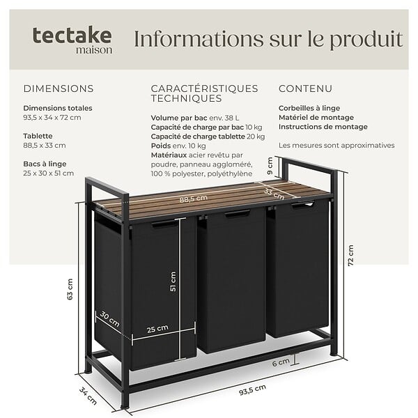 TECTAKE - Panier à linge avec étagère, style industriel noir/marron - large