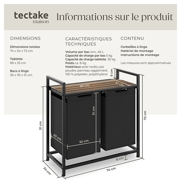 TECTAKE - Panier à linge avec étagère, style industriel noir/marron - large