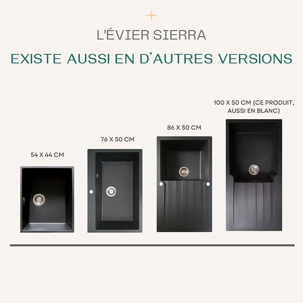 ESSEBAGNO - Sierra évier 1 grande cuve 1 égouttoir en résine noir - large