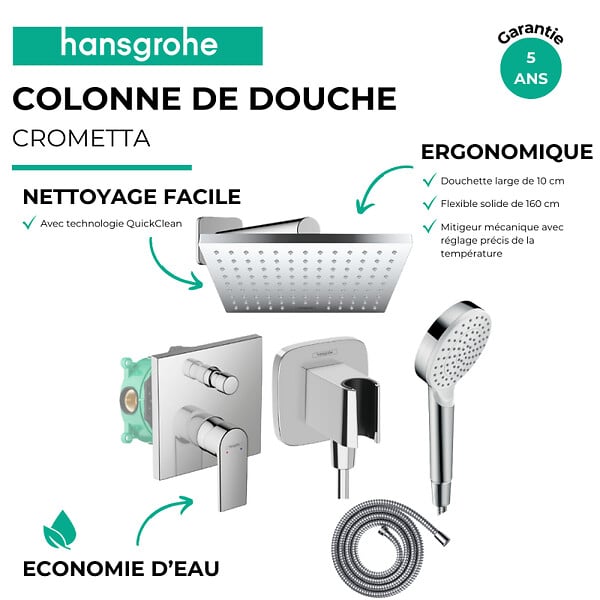 HANSGROHE - Colonne de douche encastrée mécanique Vernis Shape Douche de tête Crometta Flexible Métaflex Douchette Crometta chromé - large