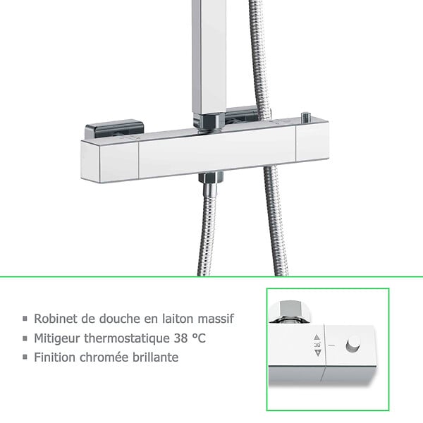 AICA SANITAIRE - Colonne de douche thermostatique 38°C, kit carré chromé AICA - large