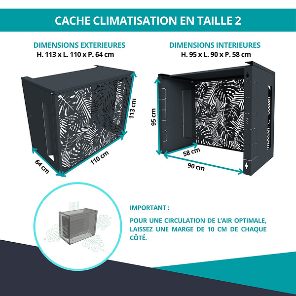 ATOLE - Cache climatiseur ATOLE en Aluminium Thermolaqué , Taille 2 : H. 113 x L. 110 x P. 64 cm, Ventelle, Gris anthracite - large
