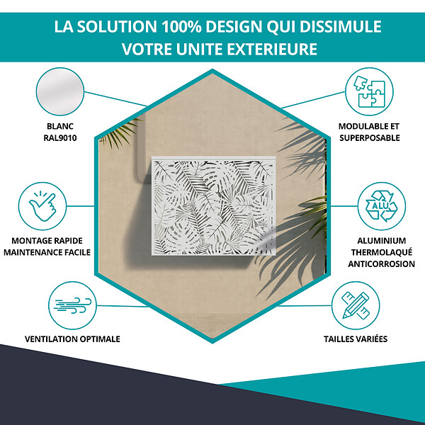 ATOLE - Cache climatiseur ATOLE en Aluminium Thermolaqué , Taille 1 : H. 80 x L. 100 x P. 54 cm, Jungle, Blanc - large