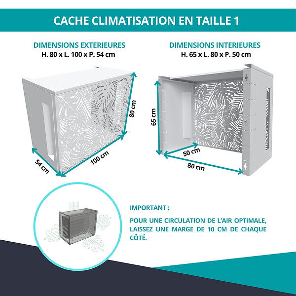 ATOLE - Cache climatiseur ATOLE en Aluminium Thermolaqué , Taille 1 : H. 80 x L. 100 x P. 54 cm, Jungle, Blanc - large