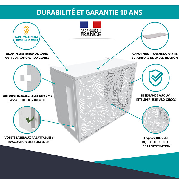 ATOLE - Cache climatiseur ATOLE en Aluminium Thermolaqué , Taille 1 : H. 80 x L. 100 x P. 54 cm, Jungle, Blanc - large