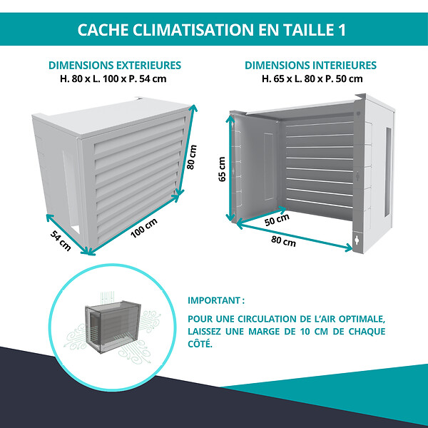 ATOLE - Cache Climatisation  en aluminium thermolaqué , Taille 1 : H. 80 x L. 100 x P. 54 cm, Ventelle , Blanc - large
