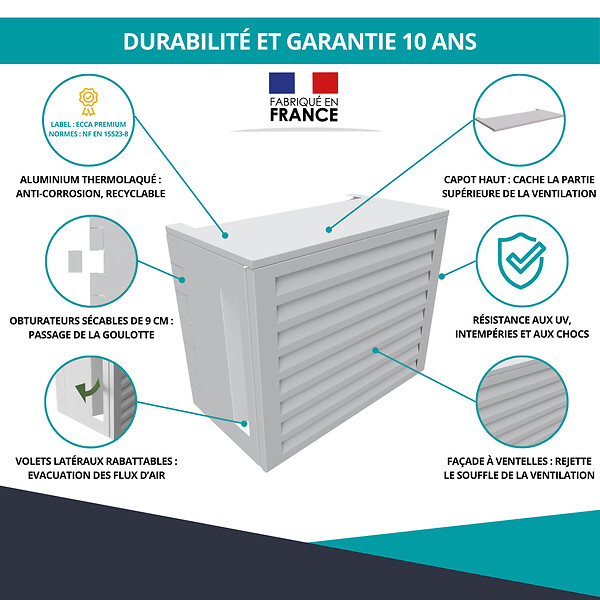 ATOLE - Cache Climatisation  en aluminium thermolaqué , Taille 1 : H. 80 x L. 100 x P. 54 cm, Ventelle , Blanc - large
