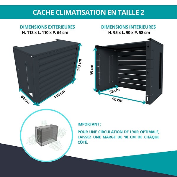 ATOLE - Cache Climatisation  en aluminium thermolaqué , Taille 2 : H. 113 x L. 110 x P. 64 cm, Ventelle, Gris anthracite - large