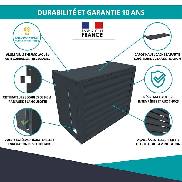ATOLE - Cache Climatisation  en aluminium thermolaqué , Taille 2 : H. 113 x L. 110 x P. 64 cm, Ventelle, Gris anthracite - large