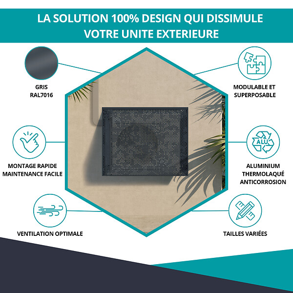 ATOLE - Cache Climatisation  en aluminium thermolaqué , Taille 2 : H. 113 x L. 110 x P. 64 cm, Baroque, Gris anthracite - large