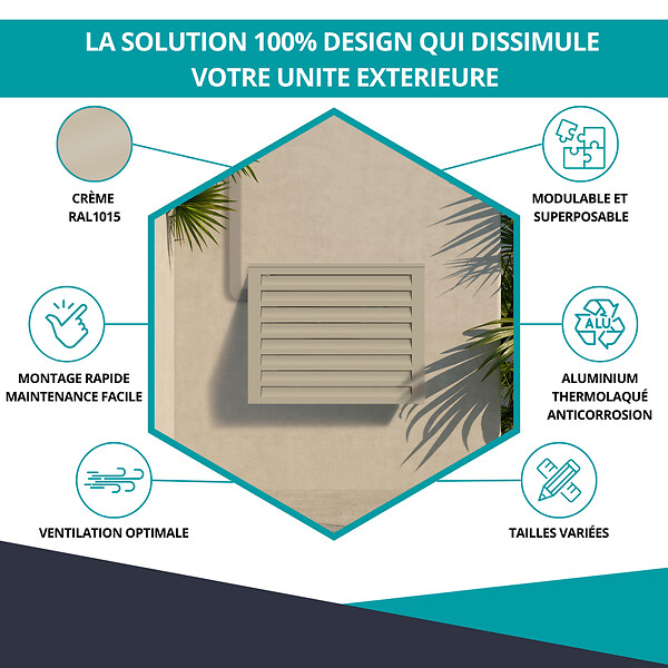 ATOLE - Cache climatiseur, ATOLE en Aluminium Thermolaqué , Taille 0 : H. 69 x L. 90 x P. 50 cm, Ventelle, Crème - large