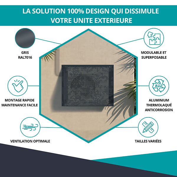 ATOLE - Cache Climatisation  en aluminium thermolaqué , Taille 1 : H. 80 x L. 100 x P. 54 cm, Baroque , Gris anthracite - large