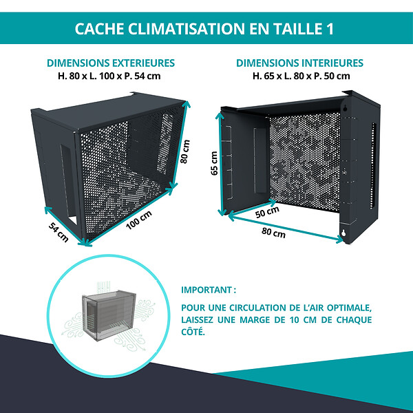 ATOLE - Cache Climatisation  en aluminium thermolaqué , Taille 1 : H. 80 x L. 100 x P. 54 cm, Baroque , Gris anthracite - large