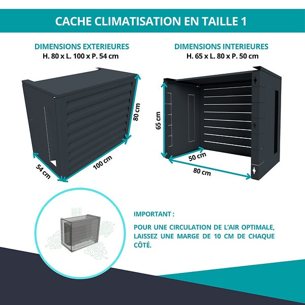 ATOLE - Cache Climatisation  en aluminium thermolaqué , Taille 1 : H. 80 x L. 100 x P. 54 cm, Ventelle , Gris anthracite - large