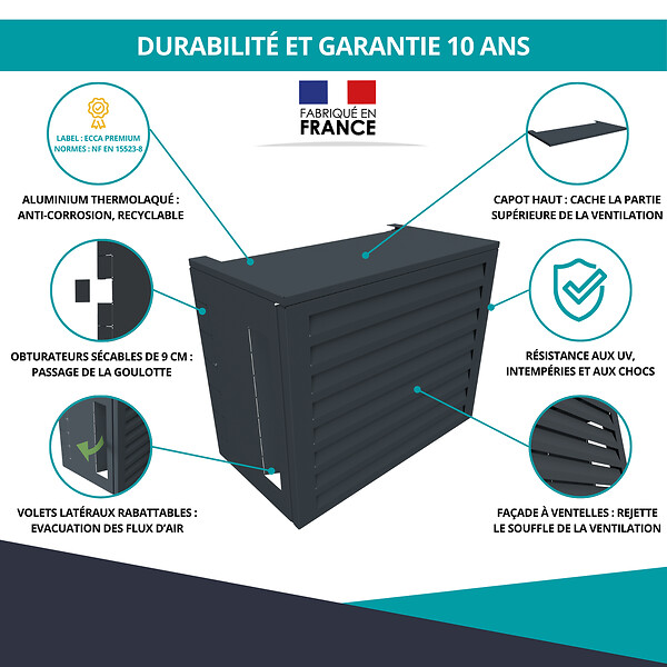 ATOLE - Cache Climatisation  en aluminium thermolaqué , Taille 1 : H. 80 x L. 100 x P. 54 cm, Ventelle , Gris anthracite - large