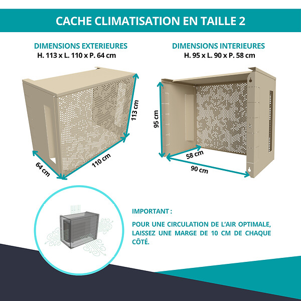 ATOLE - Cache Climatisation  en aluminium thermolaqué , Taille 2 : H. 113 x L. 110 x P. 64 cm, Baroque, Crème - large