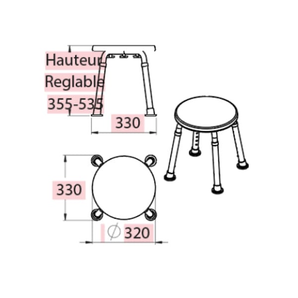 PELLET - Tabouret de douche PMR PELLET Essentiel rond hauteur réglable + Barre à ventouse de maintien PMR PELLET 30 cm - large
