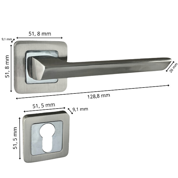 SECURY-T - Poignées de porte sur rosace chromées satinées - Modèle Morgan Trou de cylindre i - large