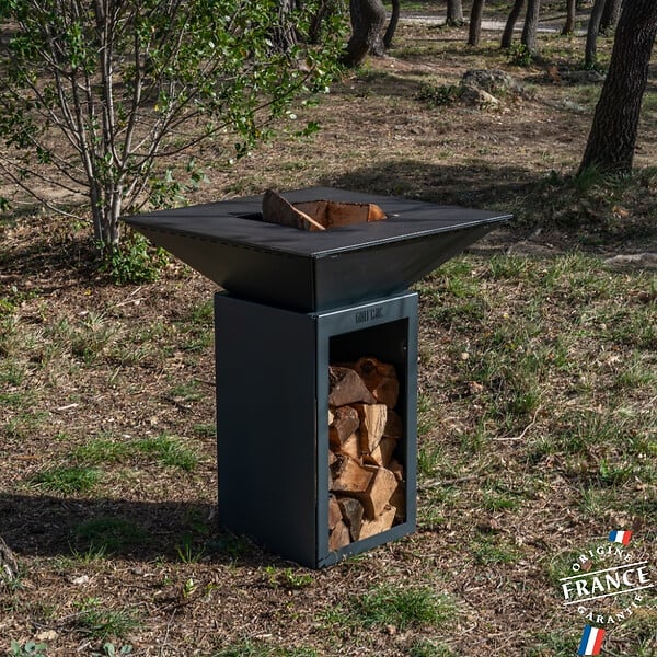 GRILL'CHIC - Brasero Cevenol Acier Bois Carre 74 Noir Double Cuve - large