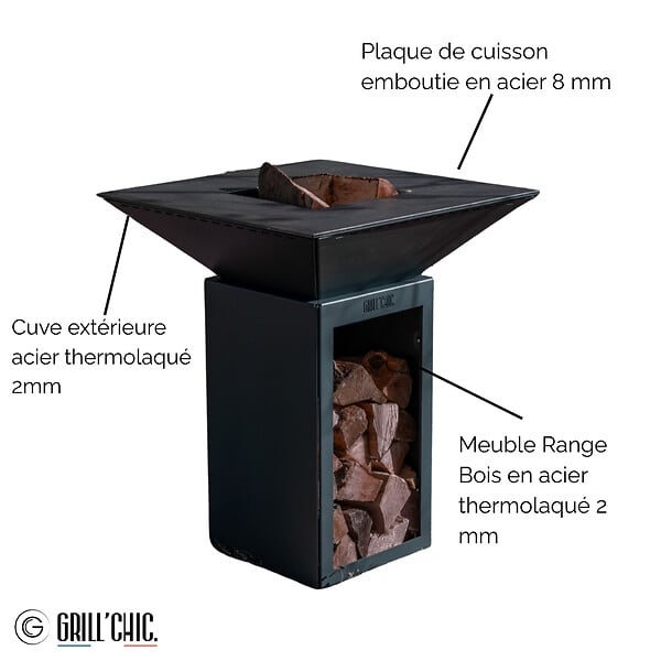 GRILL'CHIC - Brasero Cevenol Acier Bois Carre 74 Noir Double Cuve - large