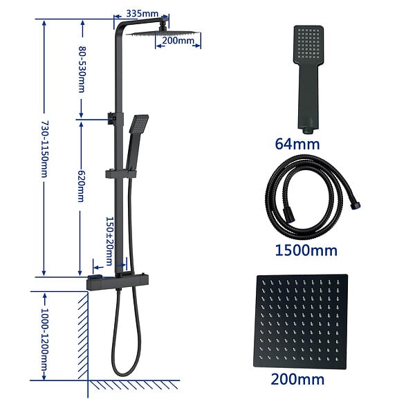 AICA SANITAIRE - Colonne de douche thermostatique 200mm, kit carré noir AICA - large