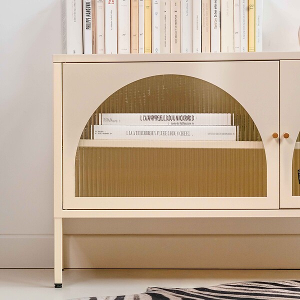 OVIALA - Meuble TV moderne 2 portes L115 cm en métal écru - Dreamy - large