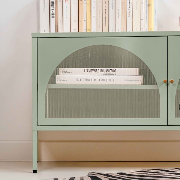 OVIALA - Meuble TV moderne 2 portes L115 cm en métal vert sauge - Dreamy - large