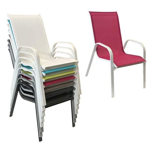 HAPPY GARDEN - Lot de 6 chaises MARBELLA en textilène rose - aluminium blanc - large