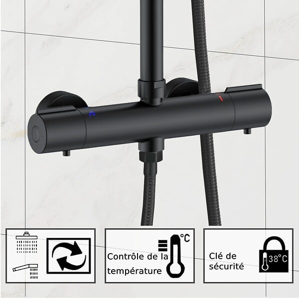 AICA SANITAIRE - AICA Colonne de douche thermostatique noire, avec douche de tête carrée, ensemble de douche en acier inoxydable, douchette à main réglable en différents modes - large