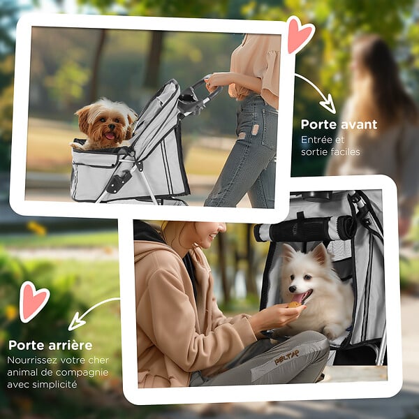 PAWHUT - Poussette buggy pliable animaux chariot pliant chien chat porte-gobelet panier de rangement inclus roues avec frein tissu 600D Oxford métal gris - large