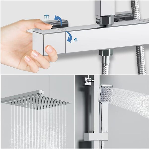 AICA SANITAIRE - AICA colonne de douche thermostatique chromée, pomme de tête carrée avec douchette carrée réglable en hauteur - large