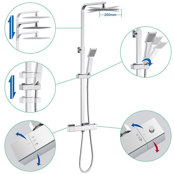 AICA SANITAIRE - AICA colonne de douche thermostatique chromée, pomme de tête carrée avec douchette carrée réglable en hauteur - large